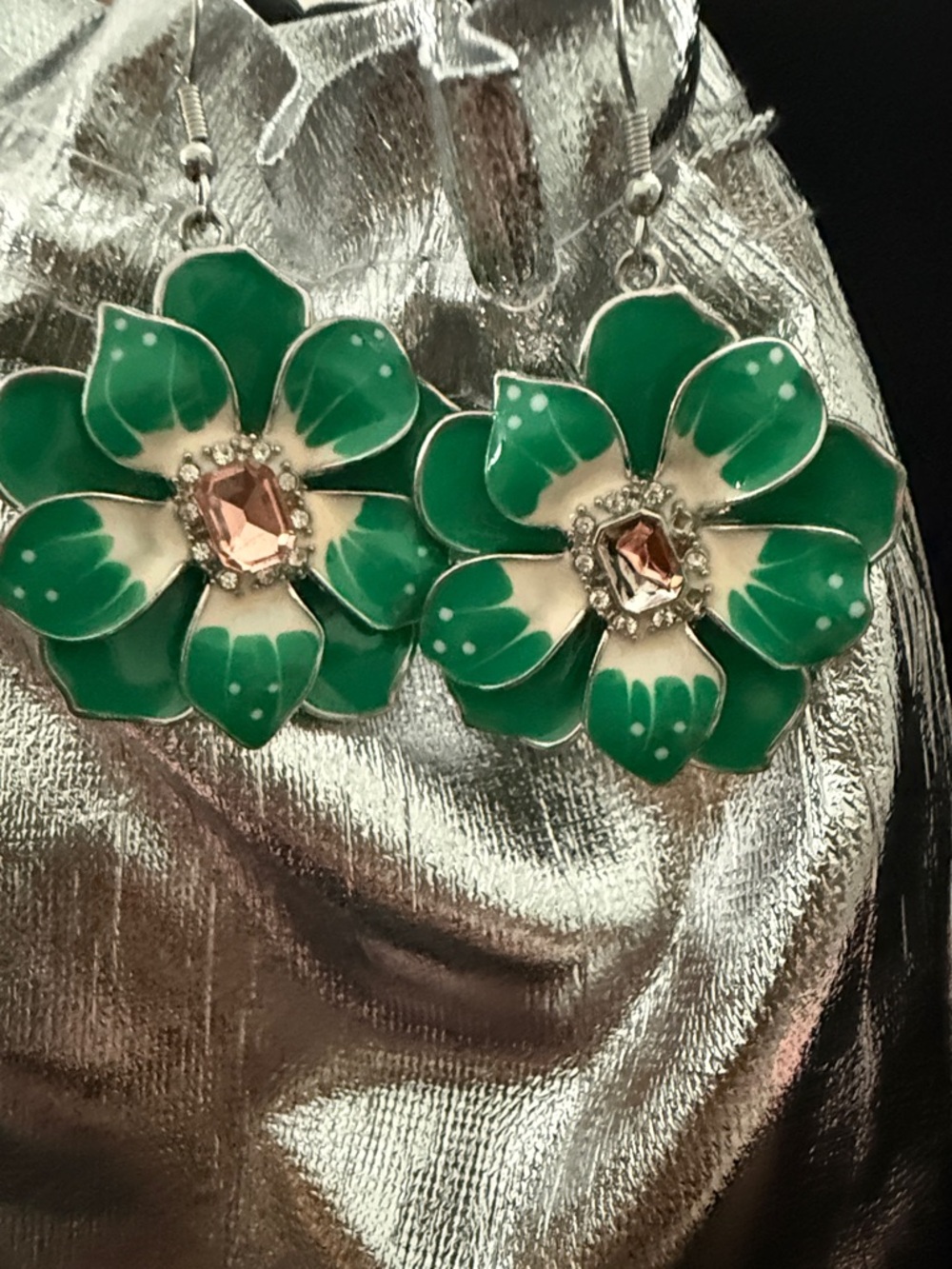 2fer Green Flower Drop Earrings with Pink Crystal Center